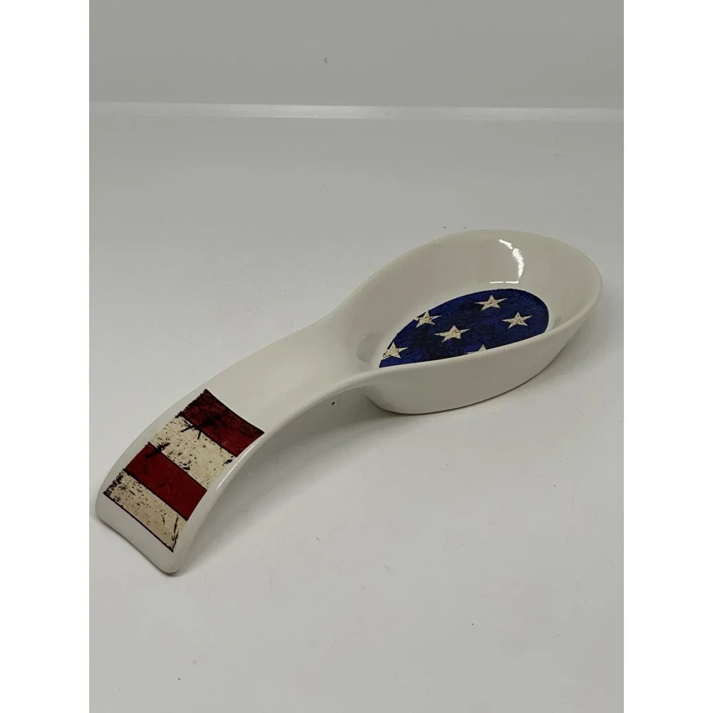 VTG Warren Kimble Colonial Spoon Rest White Patriotic American Flag Stars 1997